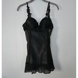 Linea Donatella Small Black Sheer Lace Babydoll Lingerie Halter Mesh Satin Slip